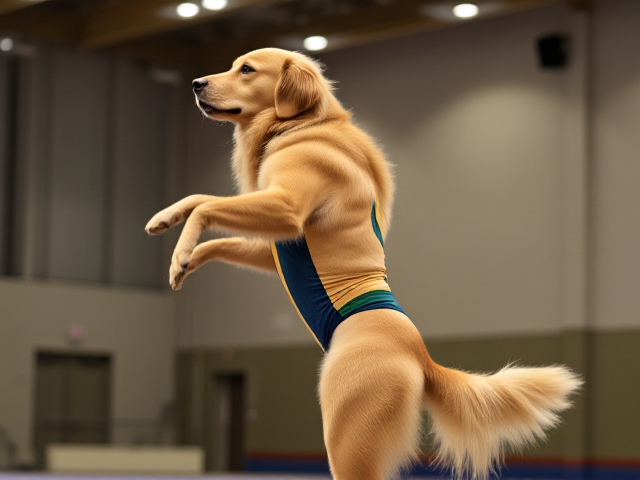 Anthropomorphic golden retriever with muscular hips, wearing a colorful gymnastics leotard, performing in a well-lit gymnasium setting