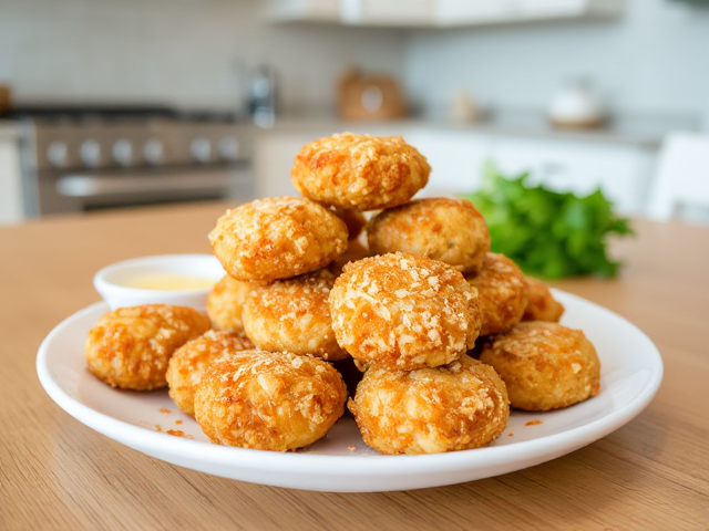 on a table in a nice kitchen we see Crispy Parmesan Chicken Bites 🍗🧀
Ingredients:

1 lb chicken breast, cut into bite-sized pieces
1/2 cup grated Parmesan cheese
1/2 cup almond flour
1 tsp garlic powder
1 egg, beaten
Instructions:

Preheat oven to 400°F (200°C).
Mix Parmesan, almond flour, and garlic powder in a bowl.
Dip chicken pieces into beaten egg, then coat in the Parmesan mixture.
Place on a lined baking sheet and bake for 20-25 minutes until golden.
🔥 These are so crispy, they rival fried chicken!