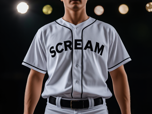 A white baseball jersey with scream written across the front in black with white pants and a black belt