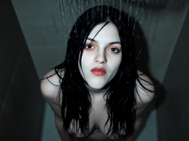 An albino woman 33 years old long black hair standing in the shower with warm water falling on her