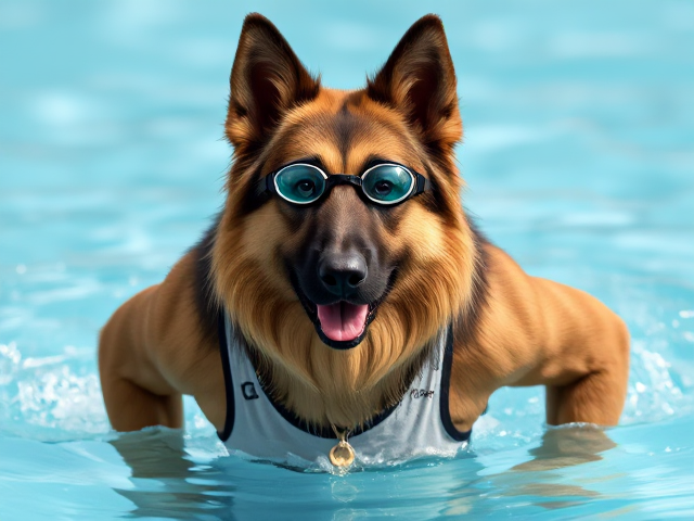A anthropomorphic long haired German shepherd wearing a racing swimsuit and swimming goggles