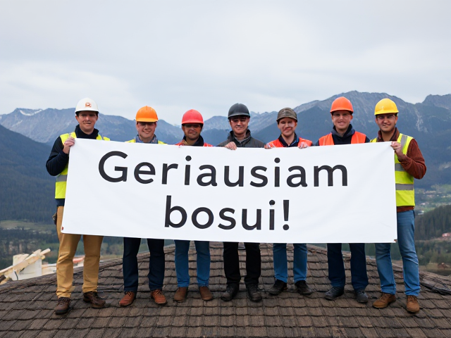 image in which group of workers are holdings big sign in which is writen this text: "Geriausiam bosui! " Workers are standing in construction on house roof,. scenery is norway mountains. do not change sign text.