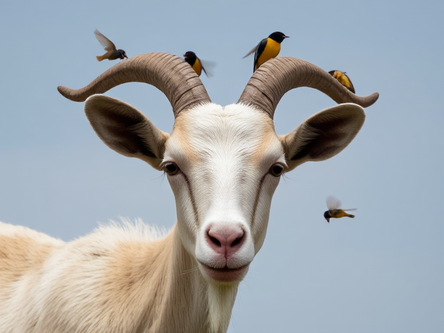 Create an image of a hornless goat with honeyeaters flying around its head