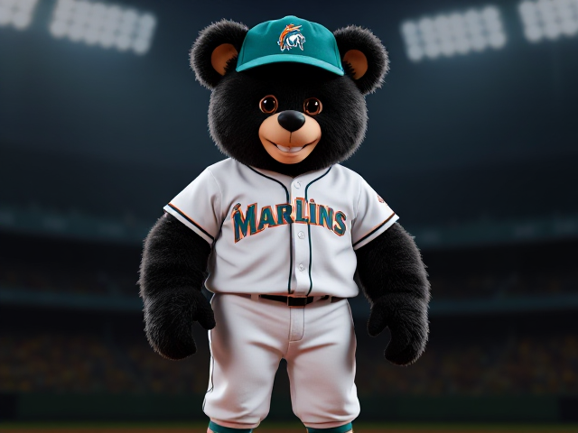 A tall built human teddy bear black fur brown eyes wearing a vintage Marlins uniform teal hat white jersey white baseball pants teal socks black cleats smiling