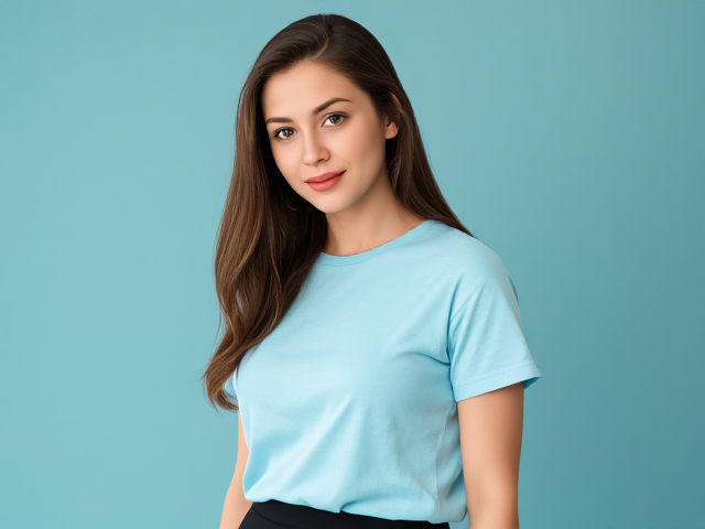 Brunette wearing a light blue t shirt and a black skirt