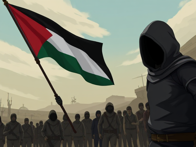 Accurate Palestinian Flag being waved by a hooded figure is followed by the people of Palestine as a guardian after they have been surviving the attacks they are under. Animated in the style of the Telltale's The Walking Dead