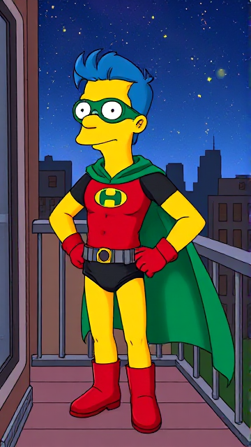 Cartoon scene: Milhouse Van Houten from The Simpsons, with his yellow skin, really big round nose, and blue hair that's slicked back and curled up at the top, but as a tall, 18-year old teenager, dressed as a parody of Robin, The Boy Wonder, with an extremely muscular body, a dark green bodysuit with a red torso adorned with a green H symbol on his chest, a grey utility belt, red boots, red long-cuffed gloves, a big, heel-length long, ultra-wide green cape wreathed around his neck held up by a silver triangular button, and a green eye mask with optical lenses in it, now known as Houseboy, The Nerd Wonder, the other half of Springfield's Dynamic Duo, and one of the greatest vigilante superheroes ever known in Springfield. The teenage vigilante hero is currently standing on his bedroom balcony at night as he gazes up to the starry skies, wondering what his true destiny is.