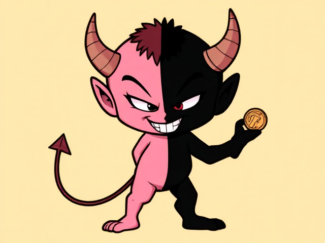 Handsome cartoon devil with a split body, one half soft pink and the other half black, facing right while flipping a coin with a mischievous grin