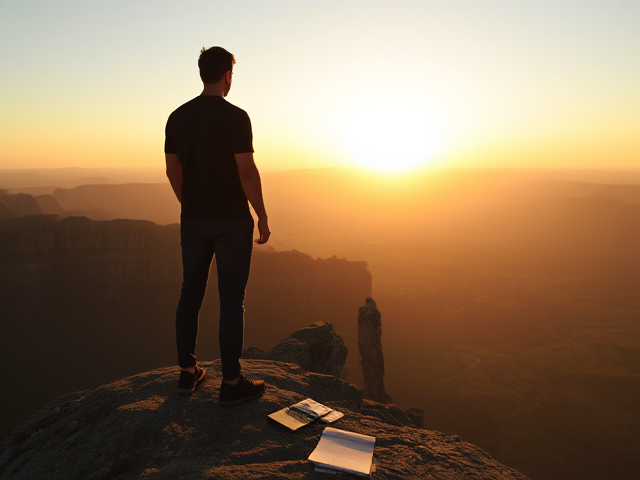 A visually intriguing scene featuring a person standing at the edge of a tall cliff at sunrise, looking out over a vast, beautiful landscape. The figure is facing away from the camera, adding an air of mystery. The bright golden light from the sun reflects off the horizon, creating a sense of anticipation. On the ground next to the person are scattered papers or notebooks, hinting at something left behind or an important moment. The warm and inspiring colors of the sunrise suggest a big reveal or breakthrough moment is coming, pulling viewers in to find out what happens next."