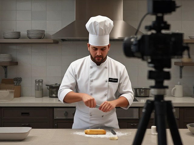 A chef stands in a kitchen in front of a counter.  There is a camera pointed at him.  The chef is chopping salt and talking to the camera.