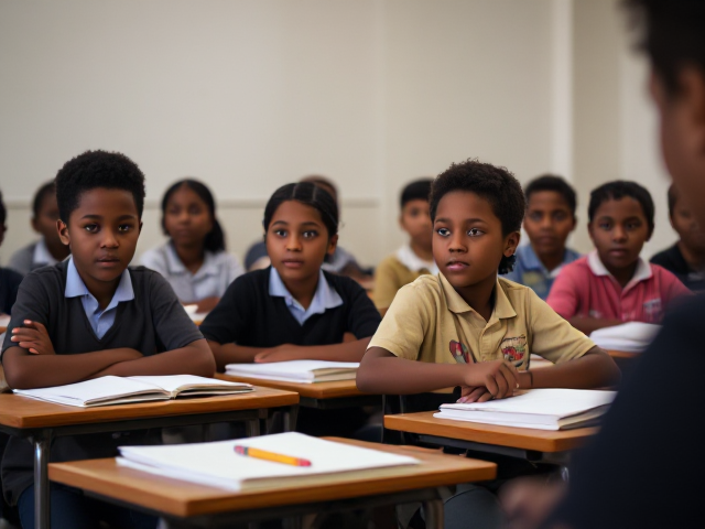 Des élèves noirs de huit ans assis en classe, écoutant attentivement le professeur, avec des cahiers et des crayons sur leurs bureaux