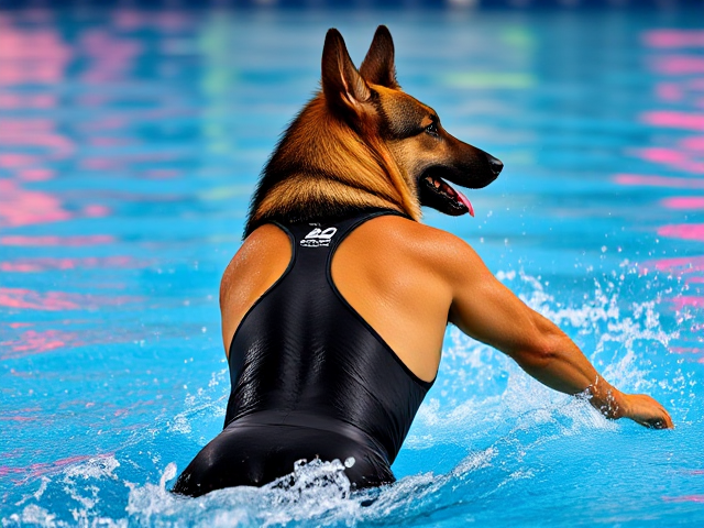Anthropomorphic German shepherd with lifelike fur, detailed facial expression, wearing a sleek modern water polo swimsuit, muscular and athletic physique in dynamic action pose, vibrant background with splashing water droplets and colorful reflections