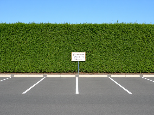 Une place de parking vide avec une haie verte bien taillée en arrière-plan, au milieu une place de parking avec une pancarte sur la haie qui dit : "Si y'a personne, prends ma place". Devant, ciel bleu et clair, éclairage naturel