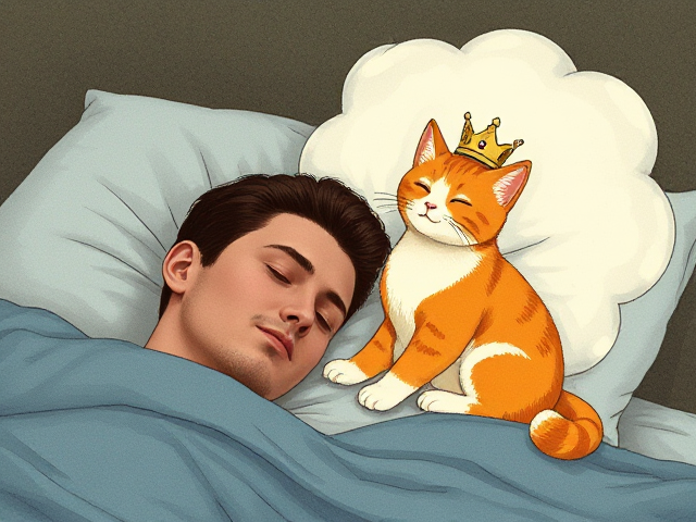 A very handsome man sleeping. He has a dream bubble over his head. Inside the dream bubble is A pretty female orange and white female cat wearing a crown, playing with him drawn as if in a old-fashioned childrens book