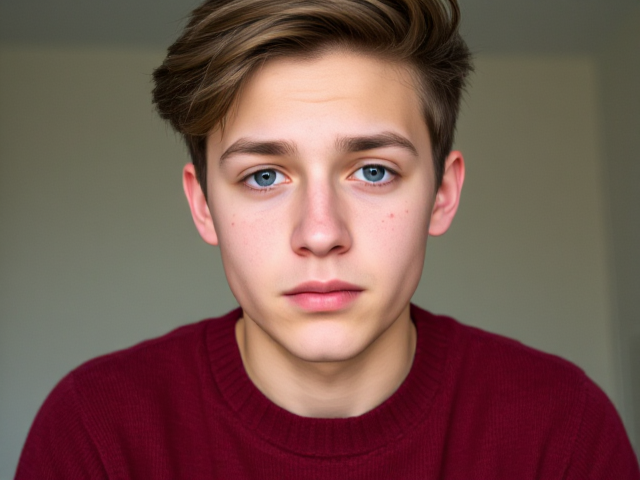 un adolecent qui porte un pull rouge bordeau, il a une tete allongé vers le haut et des yeux bleu, des cheveux brund moyennement long et avec des noeuds, il a aussi un gros nez et des boutons d'acnée et une peau rugueuse et il a l'air fatigué avec des cernes