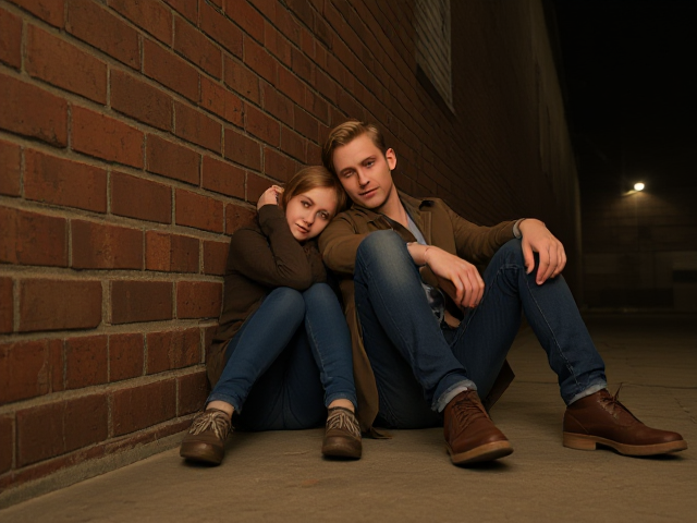 a petite, 13-year-old girl with strawberry blonde hair, wearing jeans and a hooded pullover, sits slumped with her back against a brick wall, feet forward, legs outstretched. Next to her sits a modern-day male vampire, 28 years old, with pale skin and blonde hair, dressed in jeans and a brown trenchcoat. The vampire is slumped against the wall as well, feet forwards, legs outstretched. The girl has a forlorn look and rests her head on the vampire's shoulder. Set at night in an abandoned warehouse, in a holding room with no windows. The vampire is roughed up from a fight. Both have their backs against the wall. 
The vampire looks straight ahead, worried..
