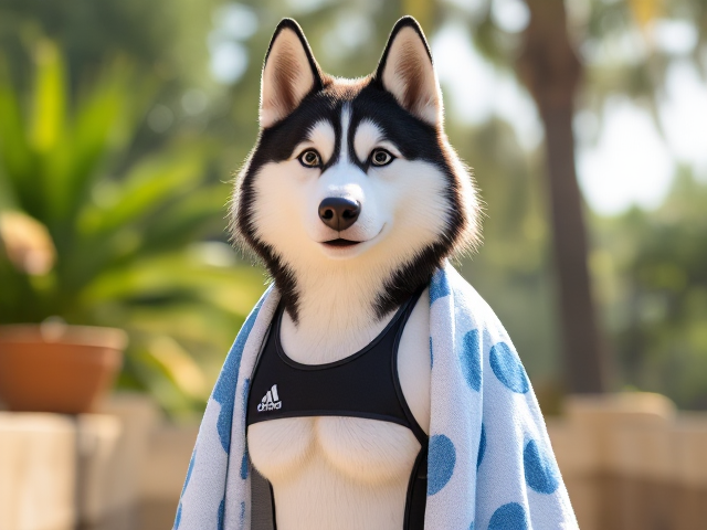 A tall anthropomorphic Siberian husky wearing a adidas swimsuit drying off with a towel 27826409