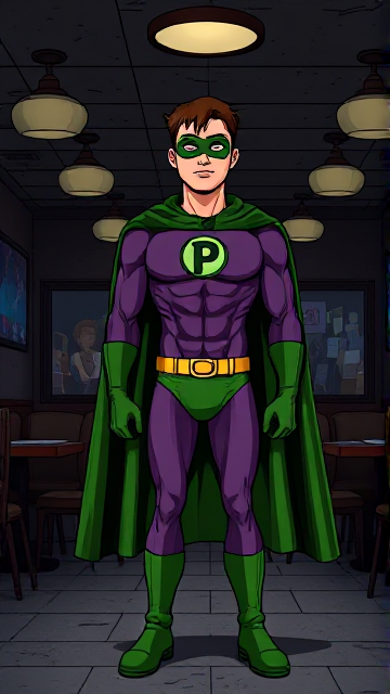 Dramatic Comic Book Cartoon scene: A young, Autistic 25-year old boy with light skin and flat, smooth, and slick brown hair with a singular curled bang in the shape of a P sticking out at the front named T.J. Granger, but transformed into a genetically-altered superhero named Powerman, who, despite still being a young adult kid, has an extremely muscular body. He wears a sleek purple bodysuit with a green P symbol on his chest, a golden belt with a circular buckle, green briefs, green boots, green long-cuffed gloves, a really big, toe-length long, ultra-wide green cape wreathed around his neck, and a green eye mask that protects his true identity. He also has incredible and invincible superpowers flowing through his veins. In this scene, Powerman is currently standing in a dark, abandoned restaurant at night by himself, intently awaiting the arrival of someone he knows.