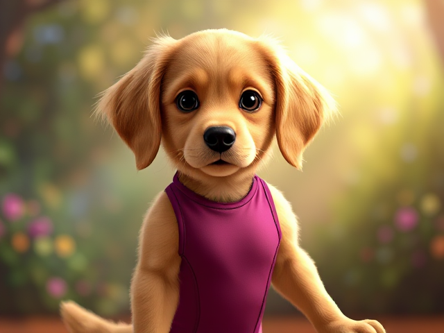 A golden retriever gymnast wearing a leotard