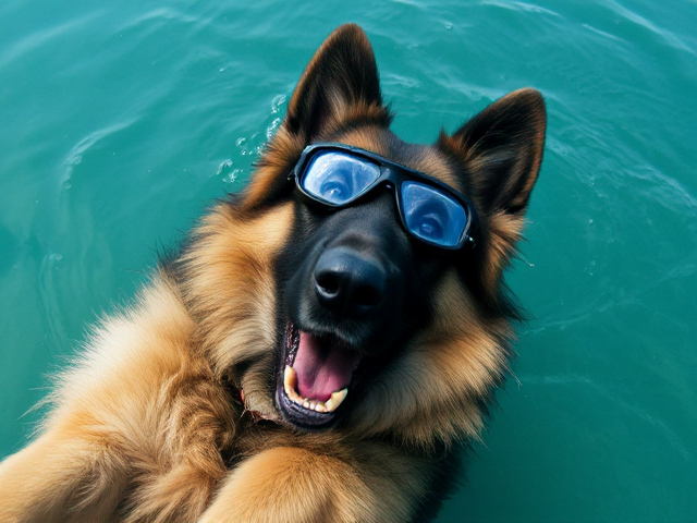 A long haired German shepherd wearing Freediving goggles lying on its back on the ocean’s surface