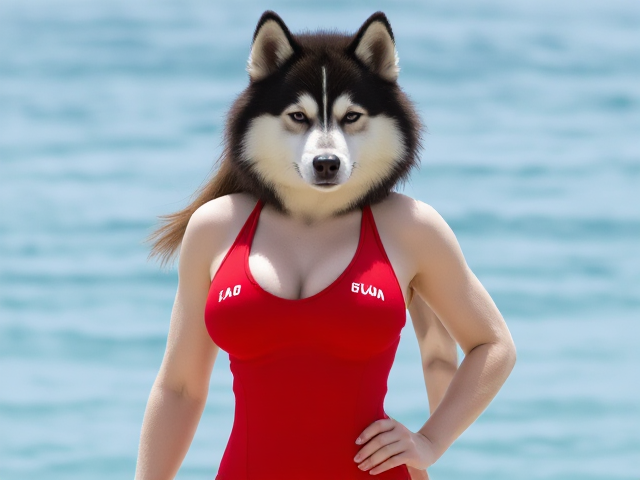 A anthropomorphic female alaskan malamute with broad shoulders wearing a red lifeguard one piece swimsuit