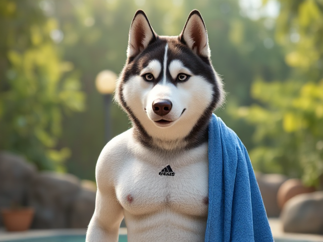 A tall anthropomorphic Siberian husky wearing a adidas swimsuit drying off with a towel 27826409
