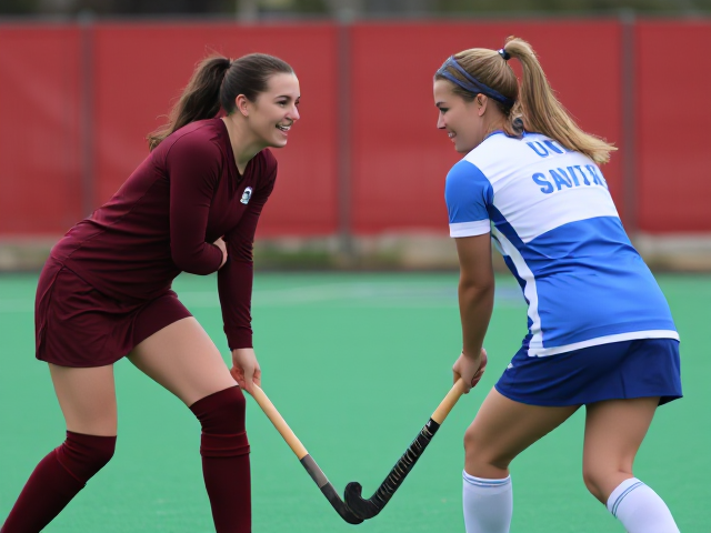 confident, grinning thirty-something beautiful women’s field hockey player in a burgundy outfit with knee high socks faces off against a confident, grinning thirty-something beautiful women’s field hockey player in a blue and white outfit with knee high socks