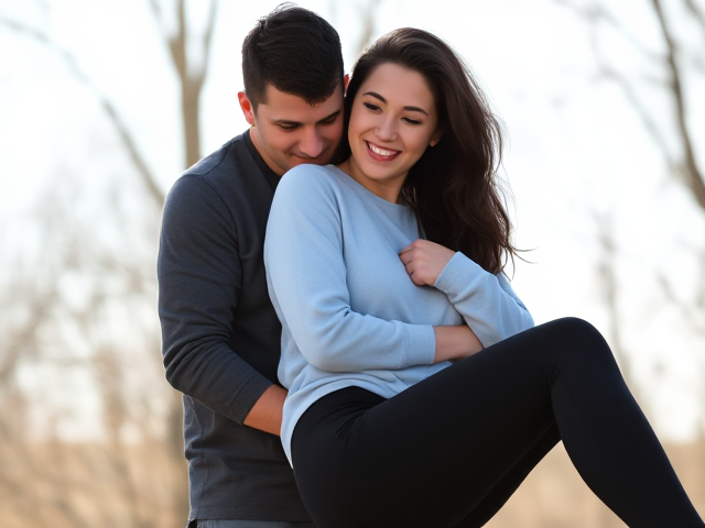 Thin Brunette wearing a light blue sweatshirt and black yoga pants smiles as her husband hugs her and picks her up