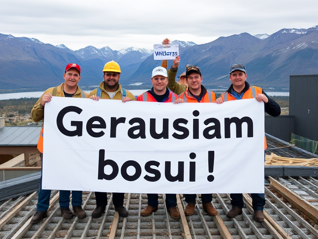 image in which group of workers are holdings big sign in which is writen this text: Geriausiam bosui! Few worker in back are holding smaller sign with blue text: Wilbergs.  do not change sign text. Workers are standing in construction on house roof,. scenery is norway mountains. do not change sign text.