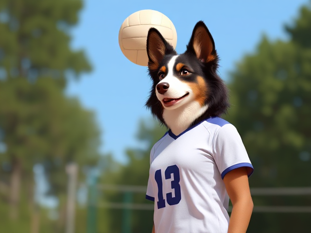 A tall anthropomorphic border collie volleyball player in her volleyball uniform
