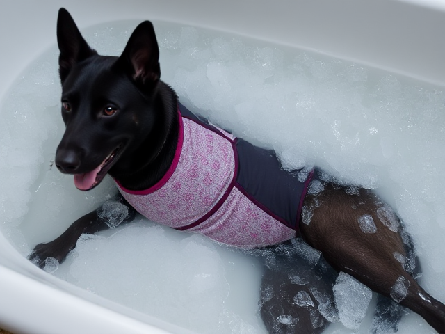 A anthropomorphic black German shepherd wearing a gymnastics leotard in a bathtub full of ice