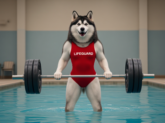A anthropomorphic alaskan malamute wearing a red lifeguard one piece swimsuit lifting a barbell in a indoor pool