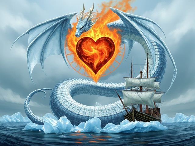 A swirling ice dragon with a fire metaphysical heart above an an anchored ship