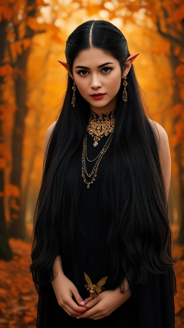 A captivating photo of a mesmerizing elfin beauty standing amidst an enchanting autumn forest. Her long, cascading black hair frames her delicate face, adorned with pointed ears and striking blue eyes. Layer upon layer of dark golden jewellery embellishes her slender neck, adding an air of royal elegance. Delicate autumn leaves float around her, as if in awe of her presence, while a tiny fairy or sprite rests at her feet. The entire scene is bathed in a warm, golden glow, creating an ethereal atmosphere that invites the viewer into a world of magic and wonder., photo, illustration