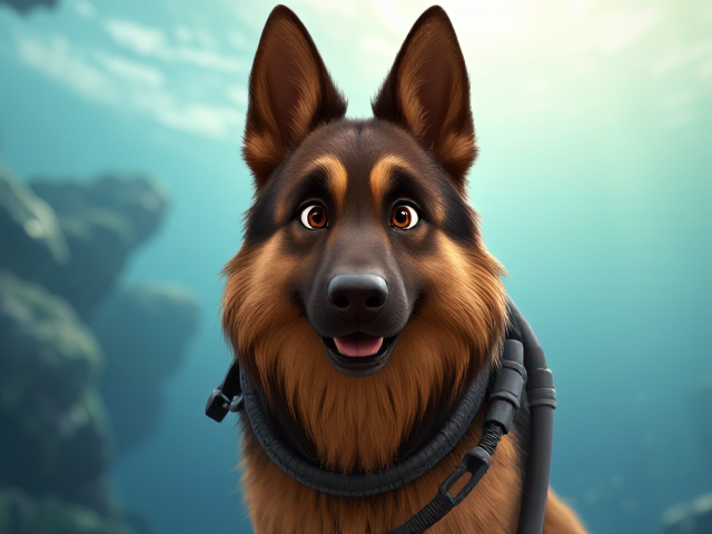 A long haired German shepherd high diver