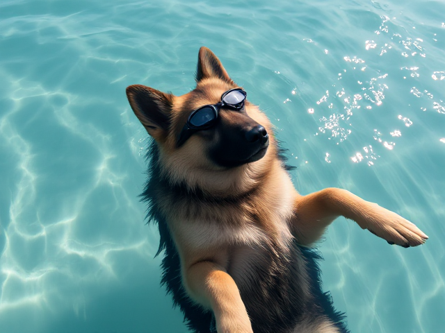 A long-haired German shepherd dog serenely floating on its back in crystal clear water, wearing sleek freediving goggles, with sunlight glistening and reflecting off the water surface