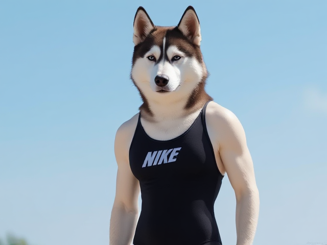 A Siberian Husky with a long torso and broad shoulders wearing a high cut Nike one piece swimsuit