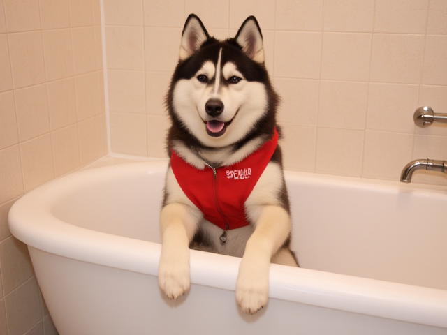 Anthropomorphic Alaskan malamute red lifeguard swimsuit sitting in a bathtub