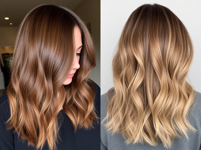 Image 1 :
Couleur des cheveux : Brun foncé aux racines, créant une base profonde et riche. Les longueurs se fondent progressivement en un dégradé caramel, puis en un blond doré lumineux sur les pointes.
Style des cheveux : Ondulations douces et naturelles, donnant un effet fluide et léger. Le balayage crée un effet lumineux, avec des nuances qui rappellent un coucher de soleil chaleureux.
Ambiance : L'ensemble a une aura douce et chaleureuse, avec des tons chauds qui captent la lumière.
Image 2 :
Couleur des cheveux : Racines brun moyen cendré, puis un dégradé vers des longueurs également brun cendré, avec des pointes blond clair cendré, créant un contraste marqué.
Style des cheveux : Ondulations légères, légèrement plus définies que dans la première image, avec des mèches sous-jacentes blondes visibles sous les longueurs brunes.
Ambiance : Un look plus texturé et moderne, avec des couleurs froides qui apportent un contraste net et une sensation plus dynamique.