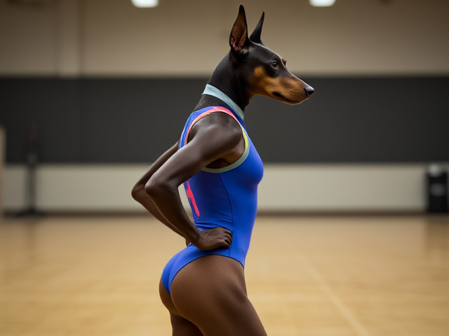 Anthropomorphic Doberman wearing a gymnastics leotard, posing with emphasis on its hips in a gymnasium setting, detailed and vibrant colors