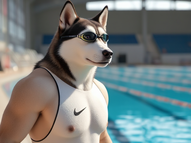 A tall anthropomorphic Siberian husky with a long torso and broad shoulders, wearing a high cut Nike one piece swimsuit and swimming goggles, in a Olympic swimming pool