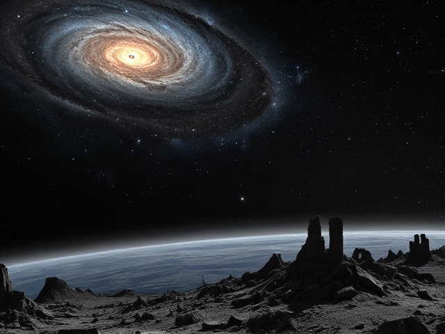 End of time, cosmic scene with a dark sky, swirling galaxies and stars fading away, crumbling planets, celestial ruins floating in space, sense of vastness and solitude