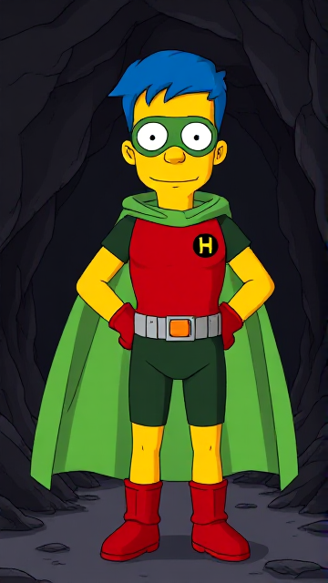 Cartoon scene: Milhouse Van Houten from The Simpsons, with his yellow skin, really big round nose, and blue hair that's slicked back and curled up at the top, but as a tall, 18-year old teenager, dressed as a parodied version of Robin, The Boy Wonder, with an extremely muscular body, wearing a dark green bodysuit with a red torso adorned with a small black circle with a light-green "H" symbol on his left pectoral, a silver utility belt with a red square buckle with silver pouches attached to it that hold all of his unique gadgets, red boots, red long-cuffed gloves, a really big, toe-length long, ultra-wide light-green cape wreathed around his neck held up by an inverted silver triangular button, and a light-green eye mask with optical lenses in it that protects his true identity, now known as Houseboy, The Nerd Wonder, the other half of Springfield's Dynamic Duo, and one of the greatest vigilante superheroes ever known in Springfield. In this scene, Houseboy is currently standing in a dark cavern, searching for a lost citizen that has been kidnapped.