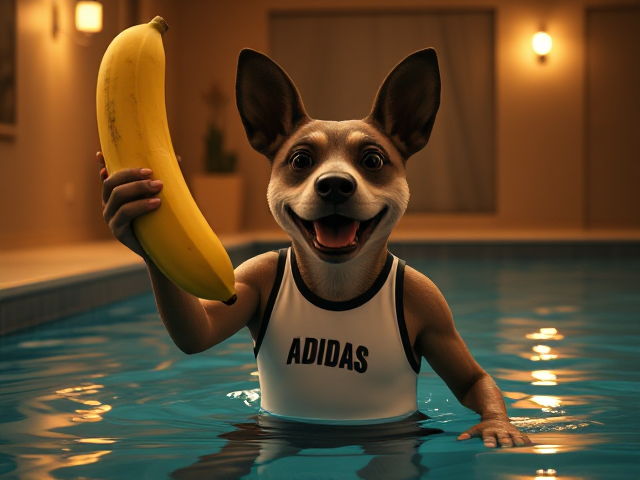 An anthropomorphic dog wearing an Adidas swim suit in a pool holding up a large banana.