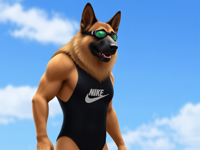 A tall anthropomorphic long haired German shepherd with a long torso and broad shoulders wearing a Nike high cut one piece swimsuit and swimming goggles