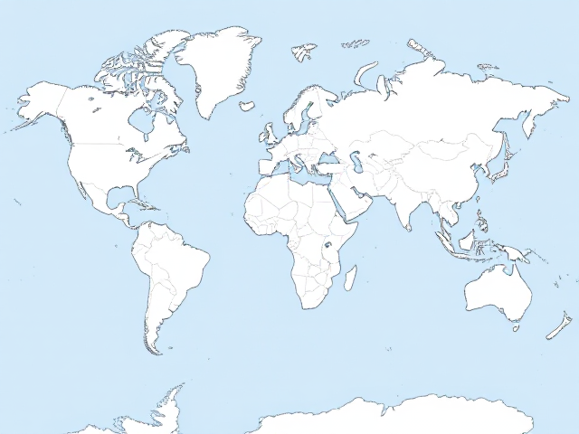 Create a blank fantasy world map. The oceans should be light blue, and the land masses should be white. Use thin black outlines to define the coasts and borders. The world should feature multiple continents, islands, gulfs, seas, and archipelagos — similar in complexity to Earth but entirely imaginary. The map should look like a clean, unlabelled base map ready for worldbuilding.