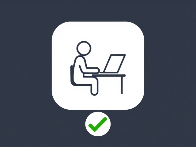 Include an icon of a person working on a laptop, symbolizing productivity and focus. The figure should be sitting upright at a desk with the laptop open, emitting a soft glow from its screen. Use a simple design with neutral or pastel colors, ensuring the laptop is the focal point. Surround the icon with a white, rounded square background, and add a green checkmark below it to signify this is a positive action.