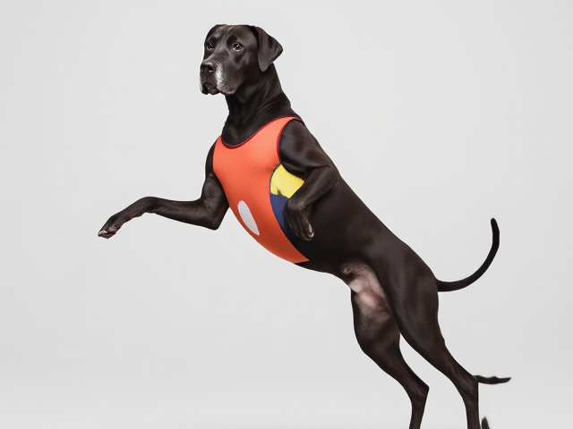 A majestic Great Dane standing on its hind legs, wearing a colorful gymnastics leotard, set against a soft-focus background