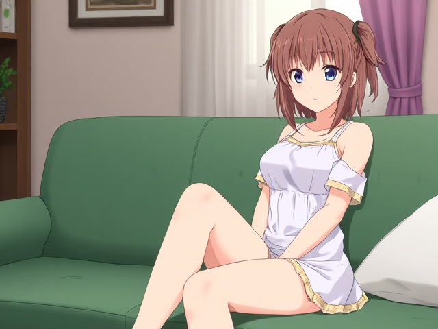 An anime girl sitting on a couch.