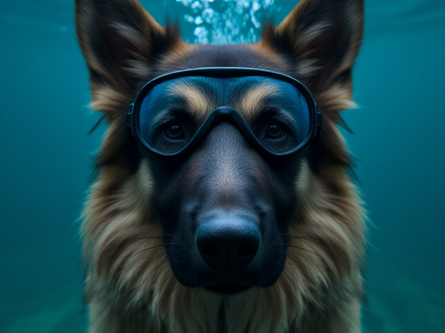 Anthropomorphic German shepherd with long hair, wearing freediving goggles, face tinted blue from holding breath too long, underwater setting, detailed fur and expression